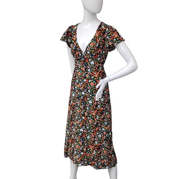 Vylette Floral Sun Dress Size Small V Neck Tie on Back and Side Zipper - Picture 1 of 12